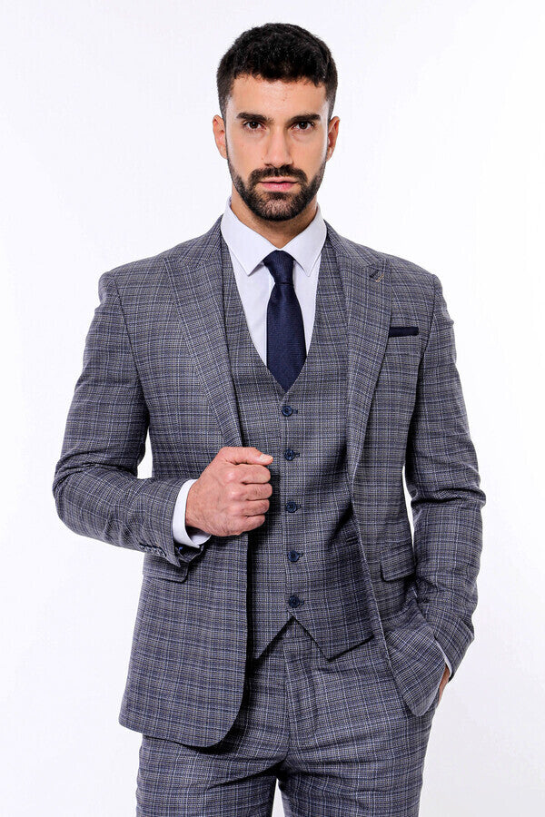 Patterned Vested Slim-Fit Navy Blue Men Suit - Wessi