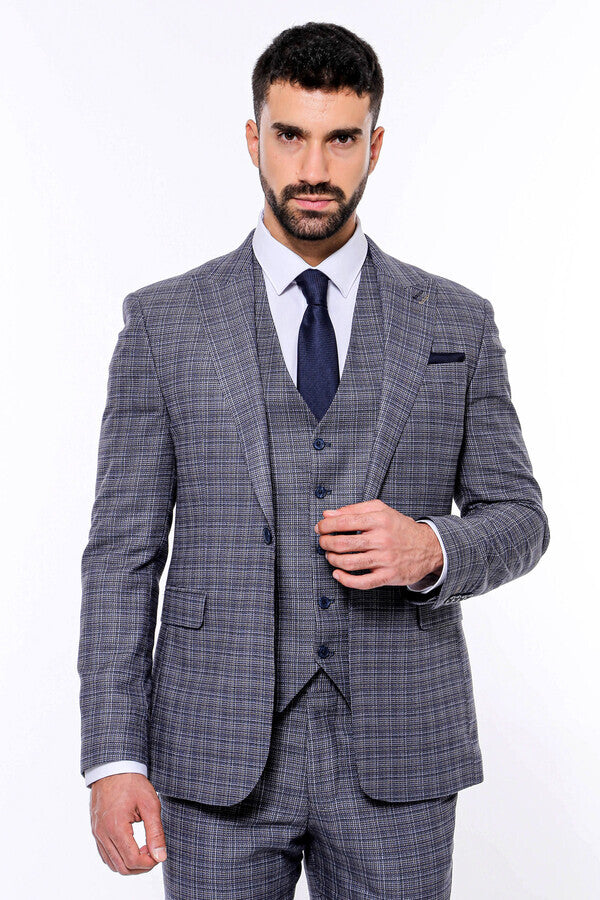 Patterned Vested Slim-Fit Navy Blue Men Suit - Wessi