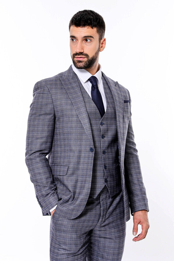 Patterned Vested Slim-Fit Navy Blue Men Suit - Wessi