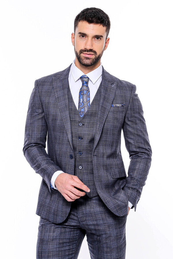 Patterned Vested Slim-Fit Navy Blue Men’s Suit - Wessi