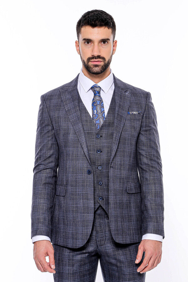 Patterned Vested Slim-Fit Navy Blue Men’s Suit - Wessi