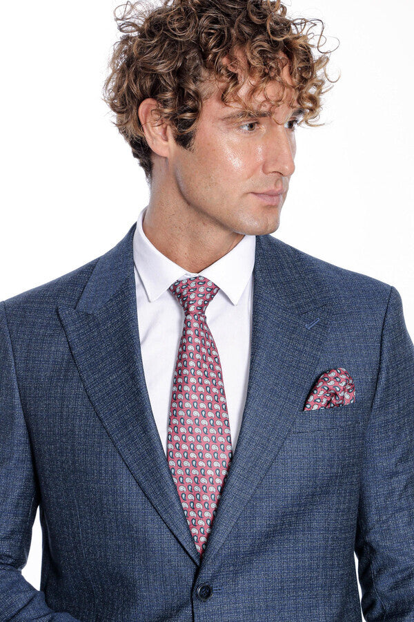 Blazer azul marino con solapas anchas y estampado para hombre - Wessi