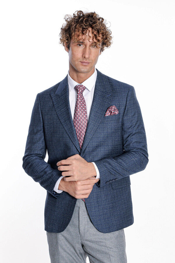 Patterned Wide Lapel Navy Blue Men Blazer - Wessi