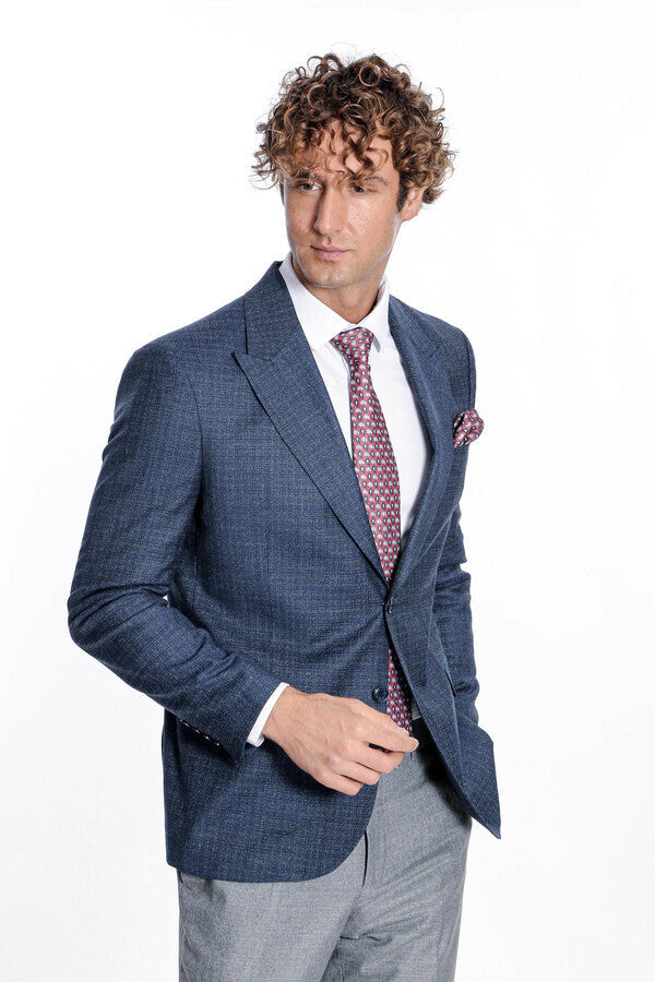 Blazer azul marino con solapas anchas y estampado para hombre - Wessi