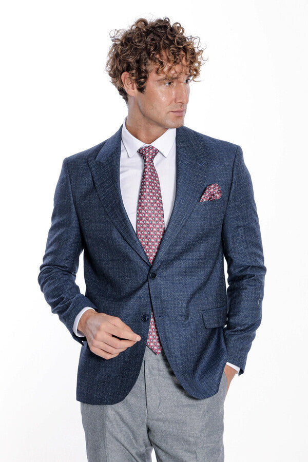 Patterned Wide Lapel Navy Blue Men Blazer - Wessi