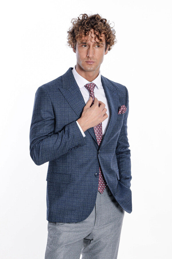 Blazer azul marino con solapas anchas y estampado para hombre - Wessi