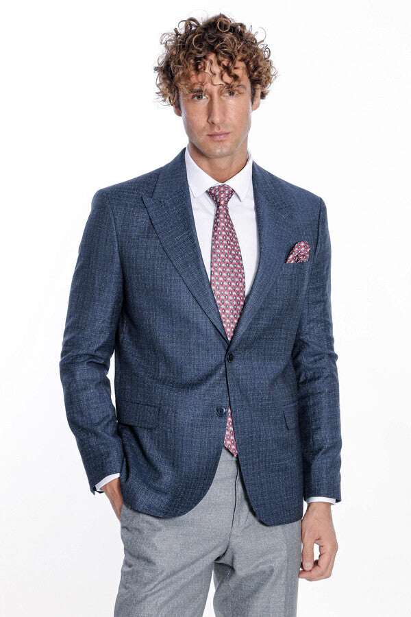 Patterned Wide Lapel Navy Blue Men Blazer - Wessi