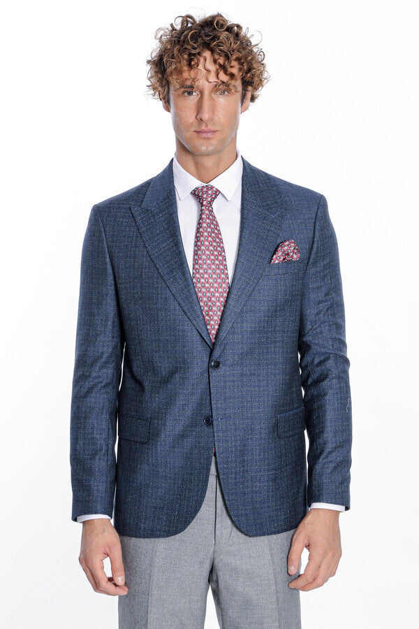 Patterned Wide Lapel Navy Blue Men Blazer - Wessi