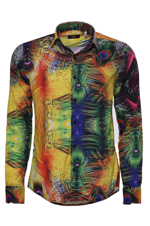 Camisa de hombre multicolor de manga larga con estampado de pavo real - Wessi