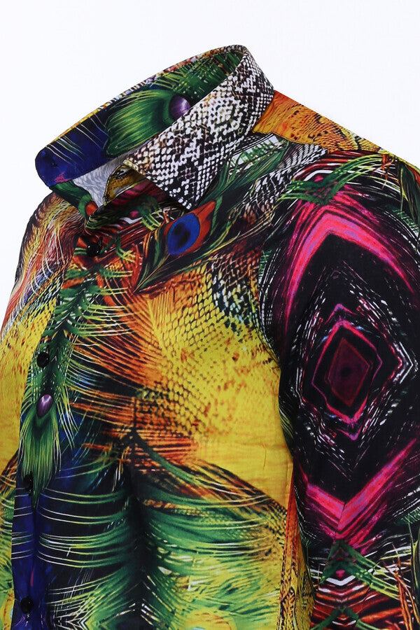 Camisa de hombre multicolor de manga larga con estampado de pavo real - Wessi