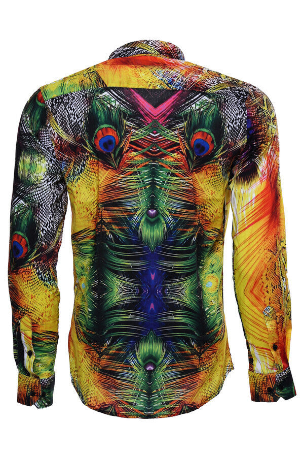 Camisa de hombre multicolor de manga larga con estampado de pavo real - Wessi