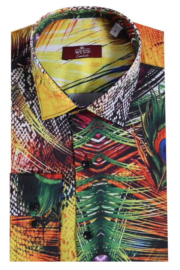 Camisa de hombre multicolor de manga larga con estampado de pavo real - Wessi