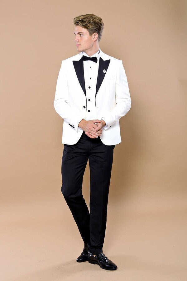 Peak Lapel 3 Piece White Tuxedo | Wessi