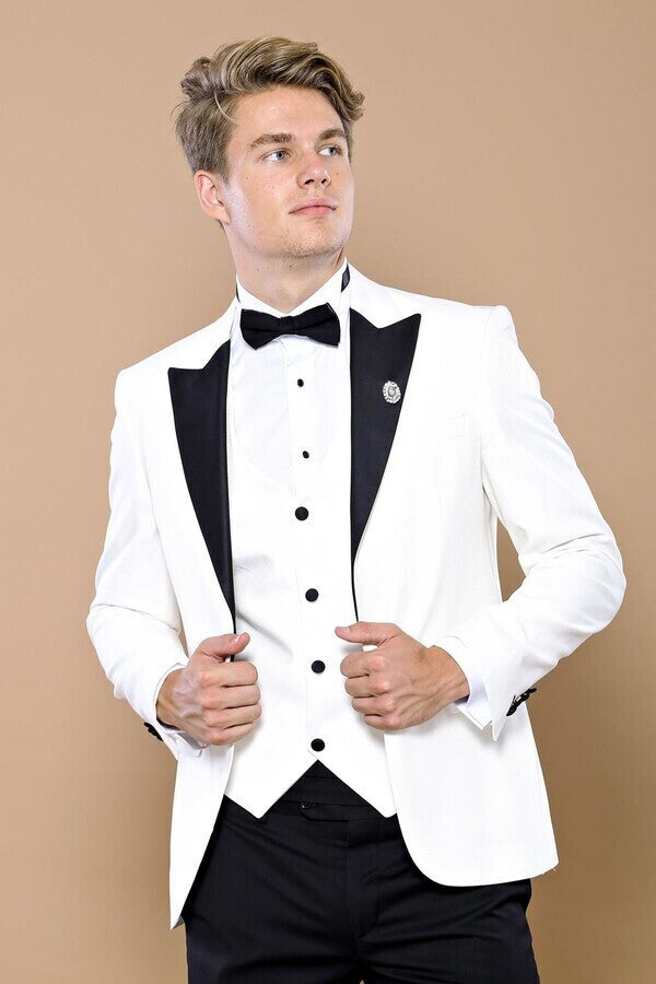 Peak Lapel 3 Piece White Tuxedo | Wessi