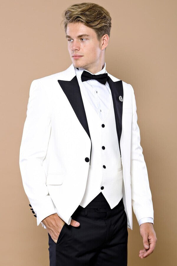 Peak Lapel 3 Piece White Tuxedo | Wessi