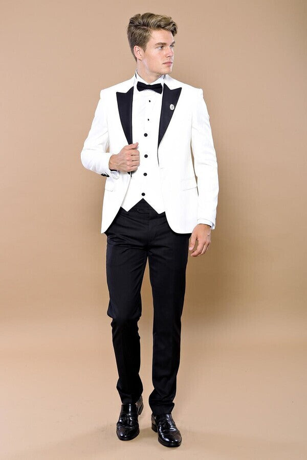 Peak Lapel 3 Piece White Tuxedo | Wessi