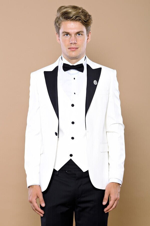 Peak Lapel 3 Piece White Tuxedo | Wessi