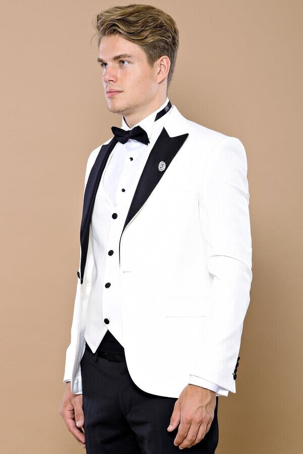 Peak Lapel 3 Piece White Tuxedo | Wessi