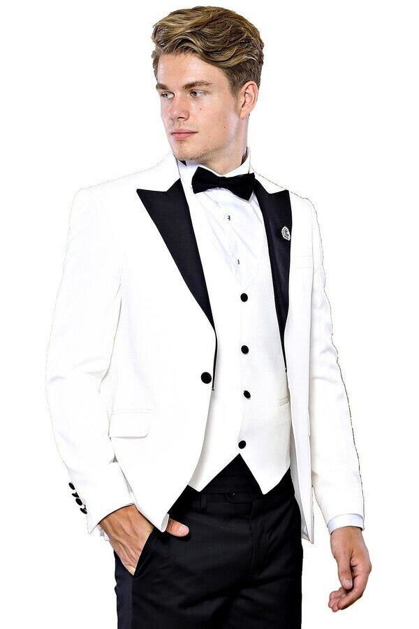 Peak Lapel 3 Piece White Tuxedo | Wessi