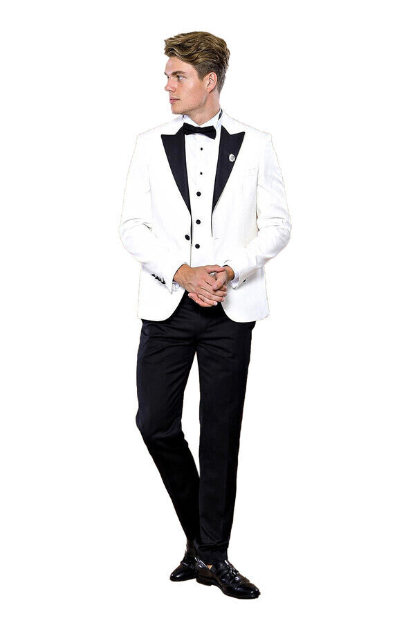 Peak Lapel 3 Piece White Tuxedo | Wessi