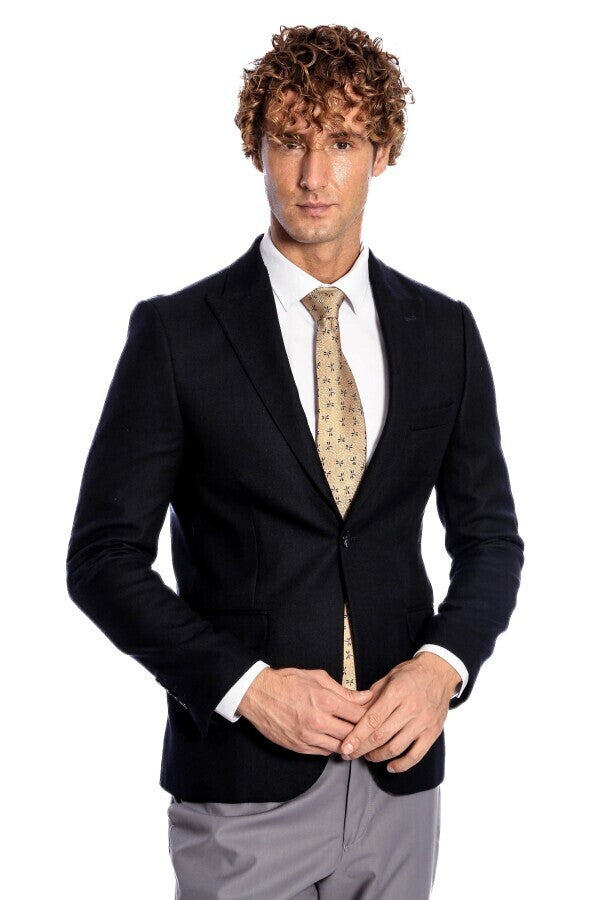 Peak Lapel Single Button Plain Navy Blue Men Blazer - Wessi