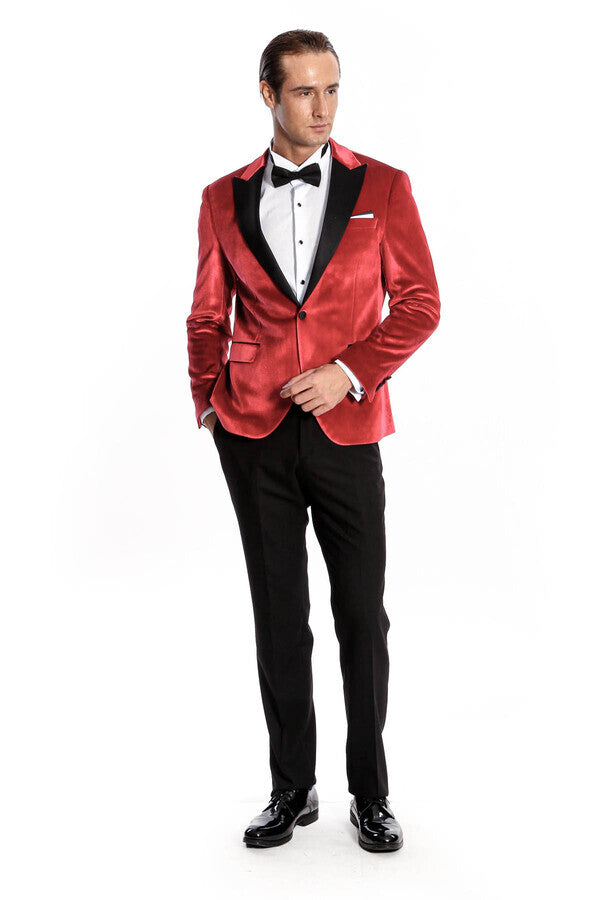 Peak Lapel Velvet Red Men Prom Blazer - Wessi