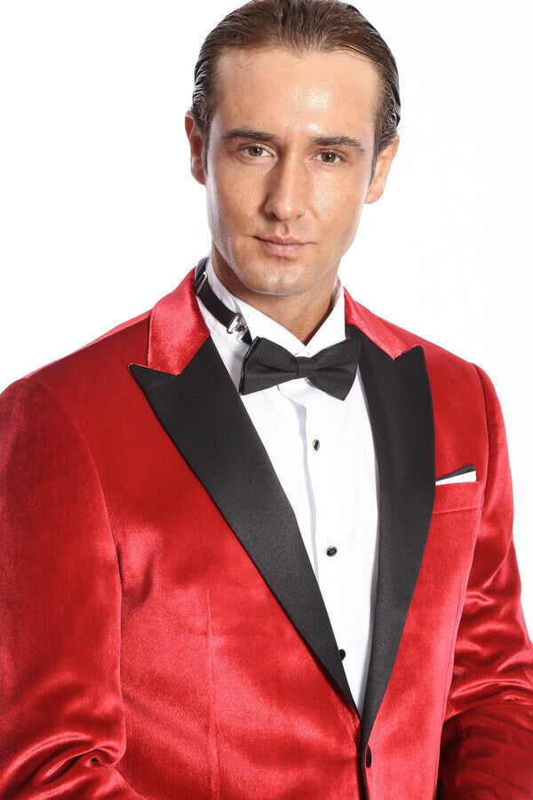 Blazer de terciopelo rojo con solapa de pico para hombre para fiesta de graduación - Wessi