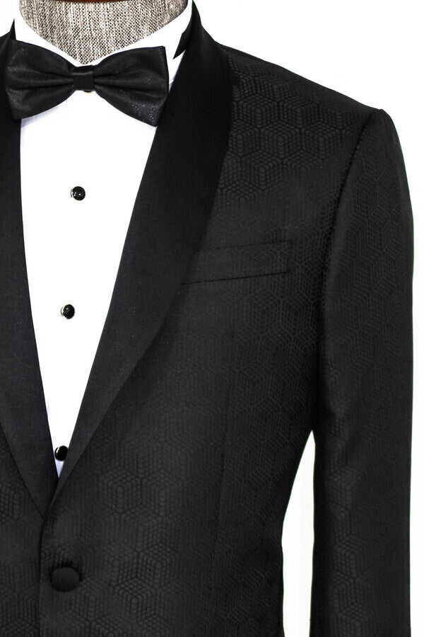 Pentagon Patterned Shawl Lapel Black Men Prom Blazer - Wessi