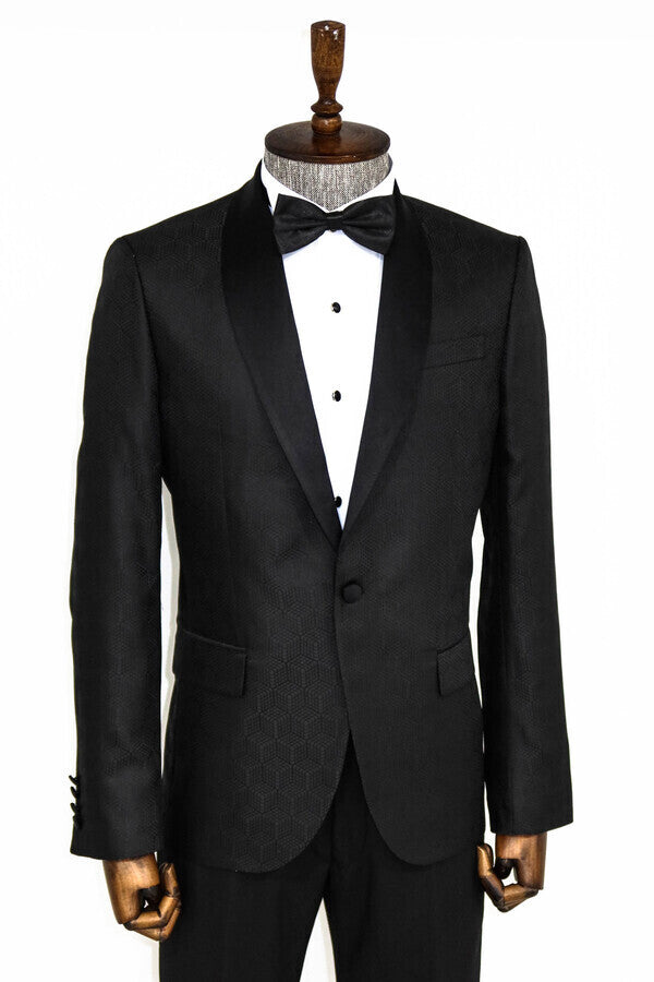 Pentagon Patterned Shawl Lapel Black Men Prom Blazer - Wessi