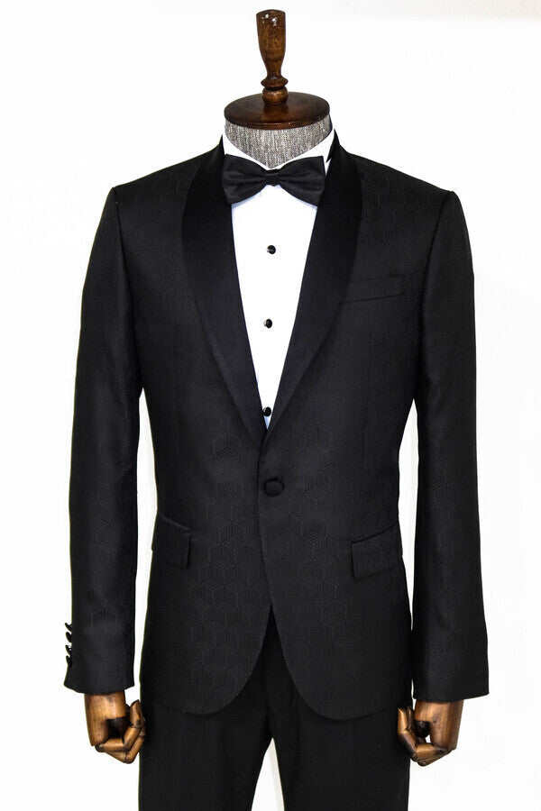 Pentagon Patterned Shawl Lapel Black Men Prom Blazer - Wessi