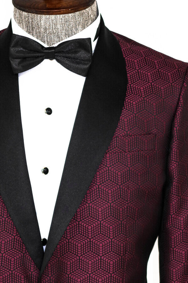 Blazer de fiesta para hombre con solapa chal y estampado de pentágonos en color burdeos - Wessi