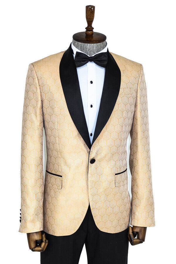 Blazer de fiesta para hombre color crema con solapa chal y estampado de pentágonos - Wessi