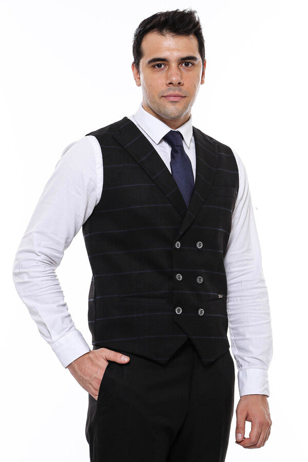 Plaid Double Breasted Collared Black Men Vest - Wessi