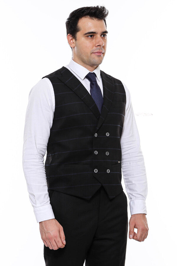 Plaid Double Breasted Collared Black Men Vest - Wessi