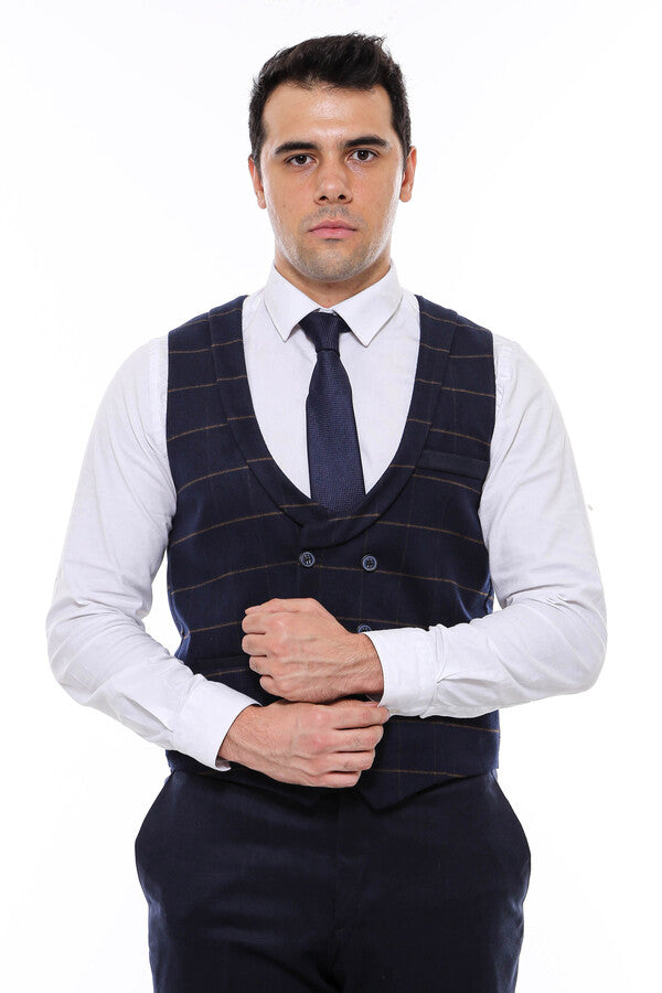 Plaid Double Breasted Collared Navy Blue Men Vest - Wessi