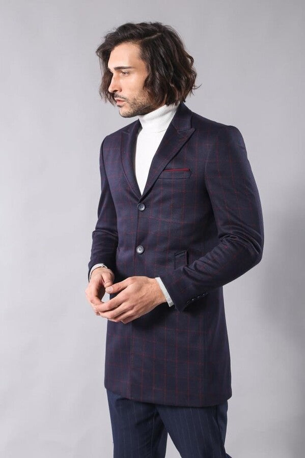 Plaid Navy Blue Men Coat - Wessi