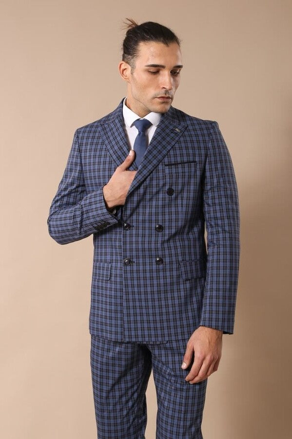 Plaid Navy Blue Men's Double Breasted Suit | Wessi