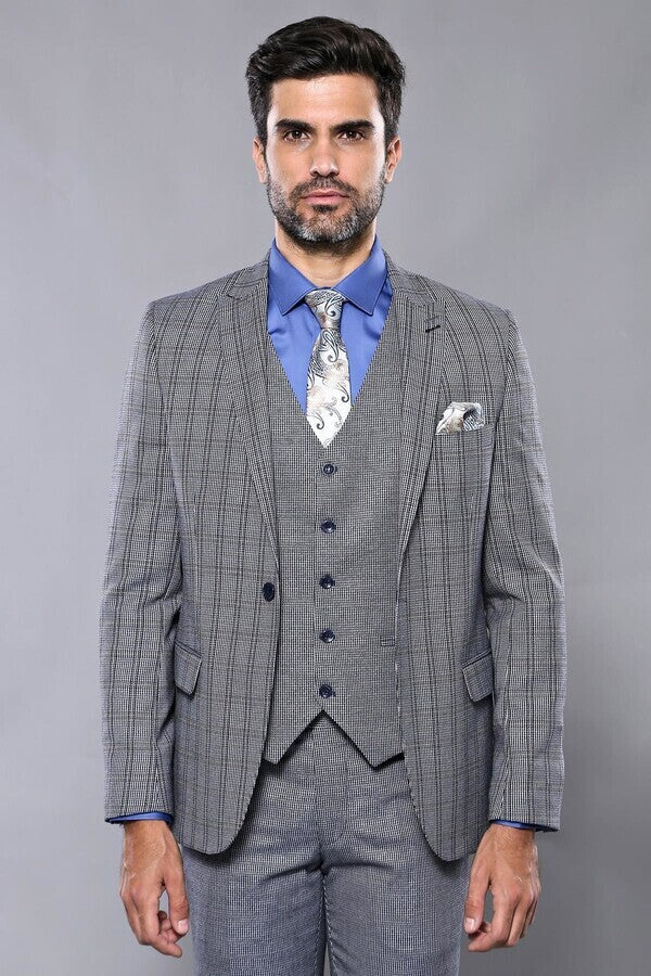 Plaid Navy Slim-Fit Vested Suit | Wessi