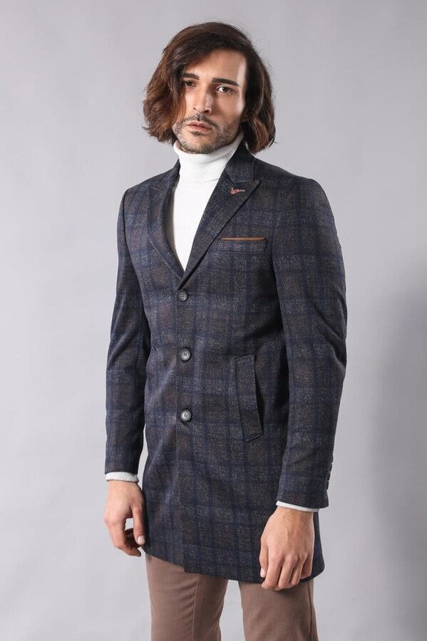 Plaid Over Knee Smoked Men Coat - Wessi