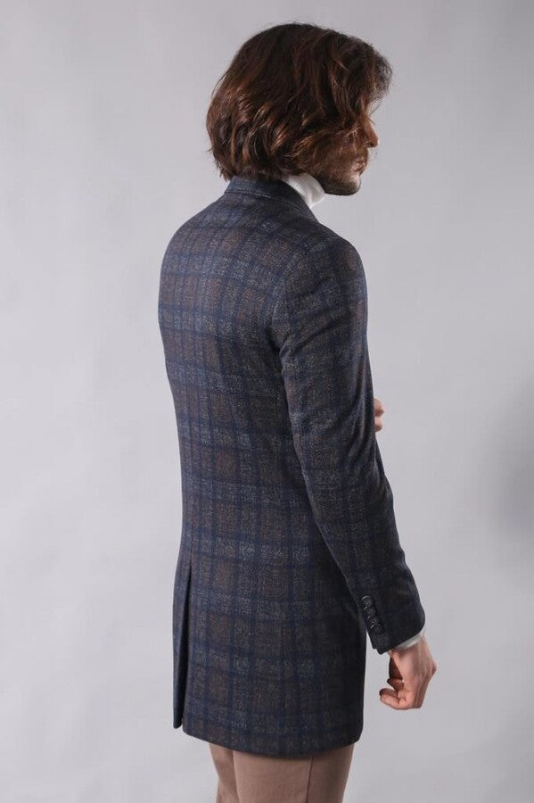 Plaid Over Knee Smoked Men Coat - Wessi