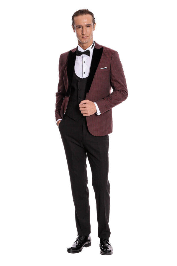 Plaid Patterned Burgundy Tuxedo | Wessi