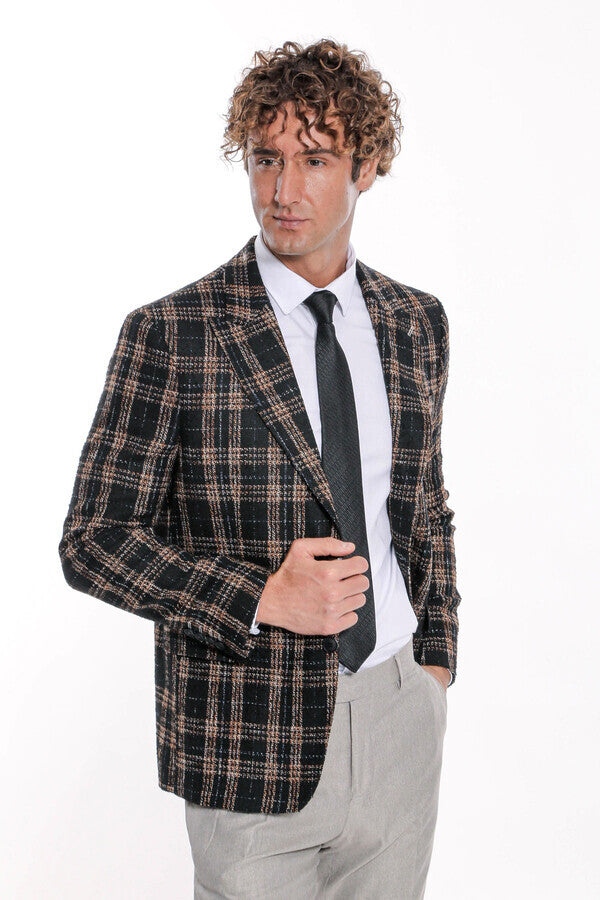 Blazer ajustado de cuadros negros para hombre - Wessi