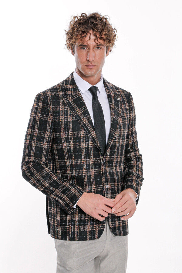 Plaid Slim Fit Black Men Blazer - Wessi