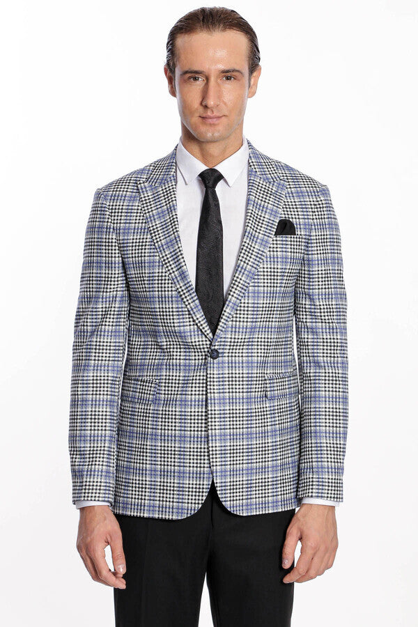 Plaid Slim-Fit Blue Black Men Blazer - Wessi