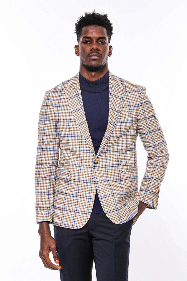 Plaid Slim-Fit Brown Blue Men Blazer - Wessi