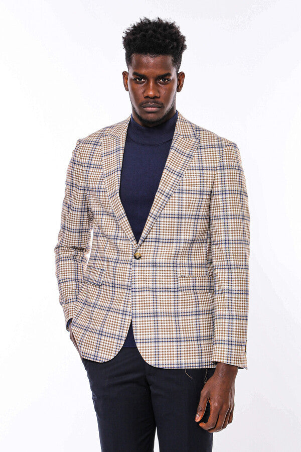 Plaid Slim-Fit Brown Blue Men Blazer - Wessi