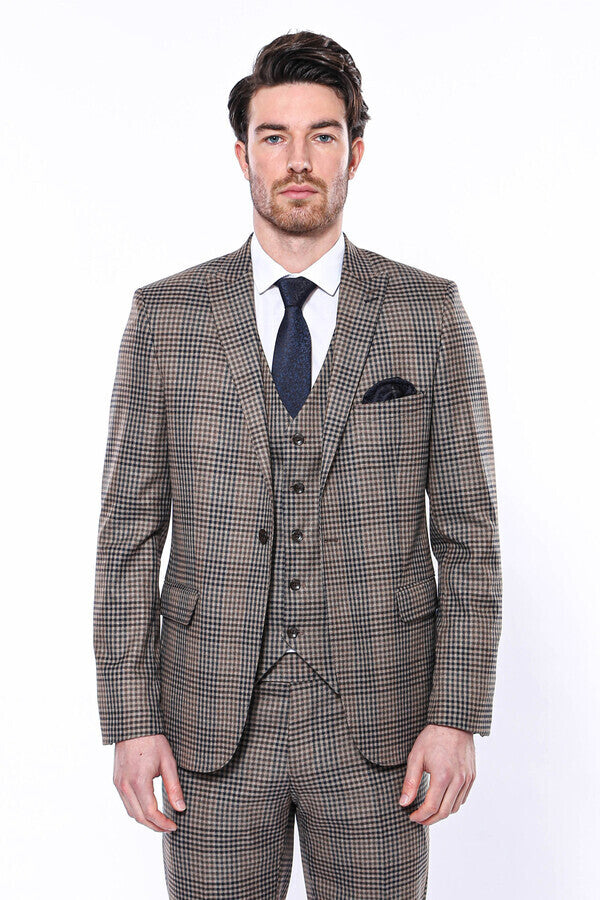 Plaid Slim-Fit Brown Men Blazer - Wessi