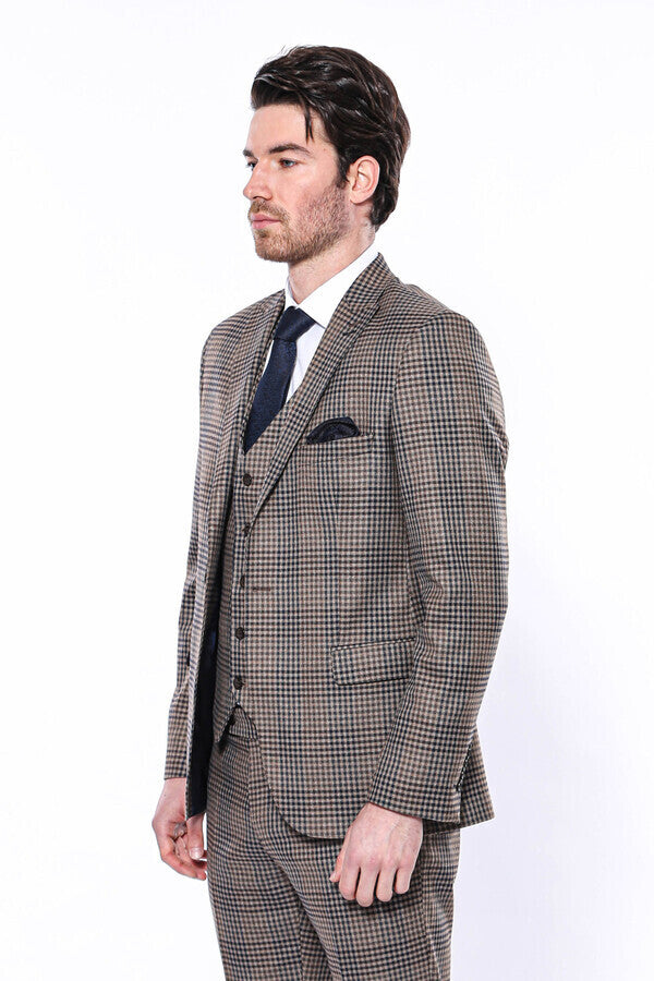 Plaid Slim-Fit Brown Men Blazer - Wessi