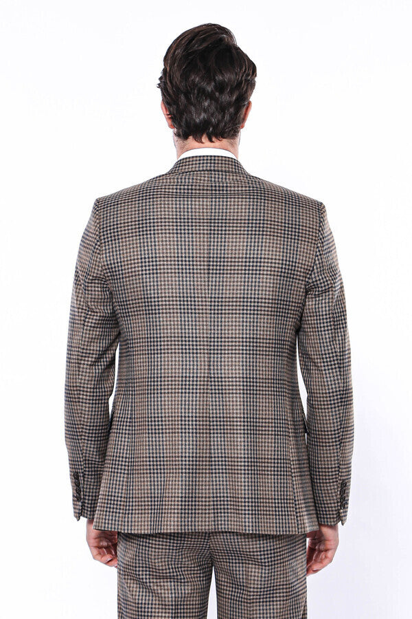 Plaid Slim-Fit Brown Men Blazer - Wessi