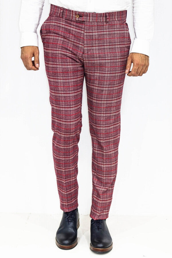 Plaid Slim Fit Burgundy Men Pants - Wessi